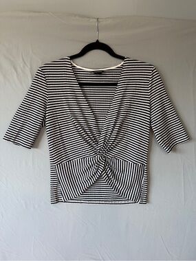 Club Monaco Womens Nautical Striped Knot-Front V-Neck Top Size L Navy White